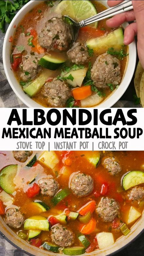 This Albondigas Soup, is a hearty, healthy, Mexican soup made with beef & rice meatballs, potatoes, and veggies cooked in a flavorful tomato broth. It's an easy one-pot meal made on the stove top! But you can also make it in the Instant Pot or Crock Pot...instructions included! Click for the full detailed recipe and video! #albondigas #caldo #souprecipeeasy #glutenfreerecipes #onepotmeal #healthyfood Albondigas Soup Recipe Instant Pot, Frozen Meatball Soup Recipes Easy, Keto Albondigas Soup Recipe, Abodigus Soup, Abondigous Soup, Abongidas Soup, Albondigas Soup Recipe Mexican Authentic, Abondagus Soup, Best Albondigas Soup Recipe