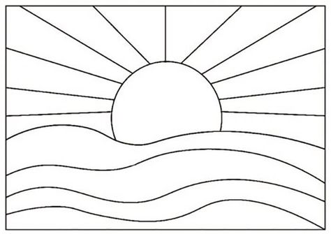 Outline Art Simple Line Drawings, Sunset Coloring Pages, Sunset Drawing Easy, Simple Sunset, Sun Coloring Pages, Kids Printable Coloring Pages, Ocean Coloring Pages, Sunrise Colors, Sunset Images