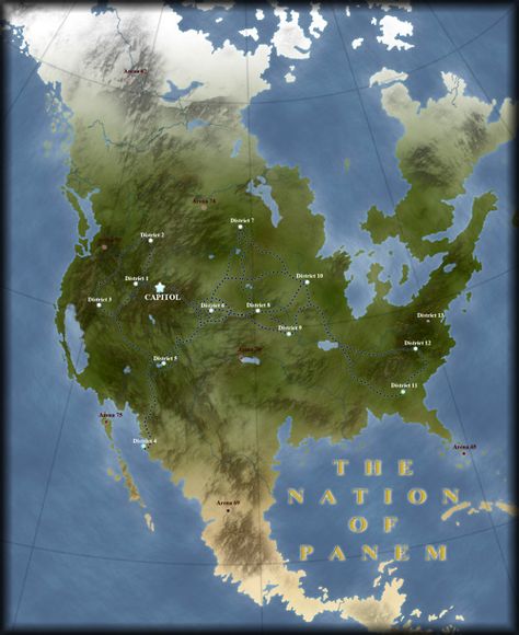 Map of panem I like this one because it shows you where some of the arenas are Panem Map, Mental Map, Falling Skies, Earth Map, Suzanne Collins, Alternate History, Writing Inspiration, Map Art, Hunger Games