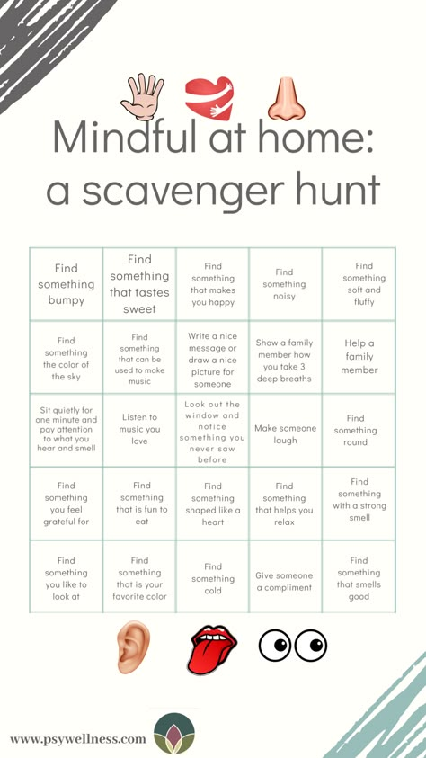 Here’s a family activity you can do from the safety of your home. Check it out with your kids and then enjoy this mindful scavenger hunt of things that can be found at home. There is no right or wrong way to go about it. Some do stickers for finding things, or putting check marks, making a list for children old enough to write, and some just go find the items and report back. The important thing is to have fun and recognize how using our senses helps us discover and connect with our environment. Attention To Detail Activities, Aba Therapy Activities At Home, 4k Activities, Indoor Preschool Activities, Therapist Tips, Learning Activities For Preschoolers, Aba Activities, Auntie Anne, Elementary Homeschool