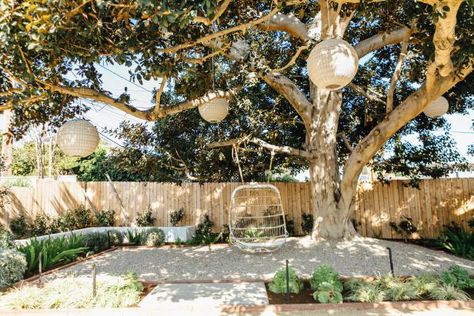 A Relaxing Backyard Oasis Features a Large Tree Filled With Lanterns and a Hanging Rattan Chair Hanging Rattan Chair, Hanging Lounge Chair, Relaxing Backyard, Hanging Rattan, Dogwood Trees, Arbour Day, Backyard Spaces, Brick Patios, Backyard Retreat