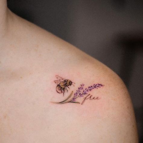 Veronika (@veroni.ink) • Instagram photos and videos Bee Tattoo Collar Bone, Dainty Bumble Bee Tattoo, Bubble Bee Tattoos, Bee Tattoo Shoulder, Honey Bee And Flower Tattoo, Bee And Lavender Tattoo, Flying Bee Tattoo, Bumble Bee Tattoo Design, Dainty Bee Tattoo