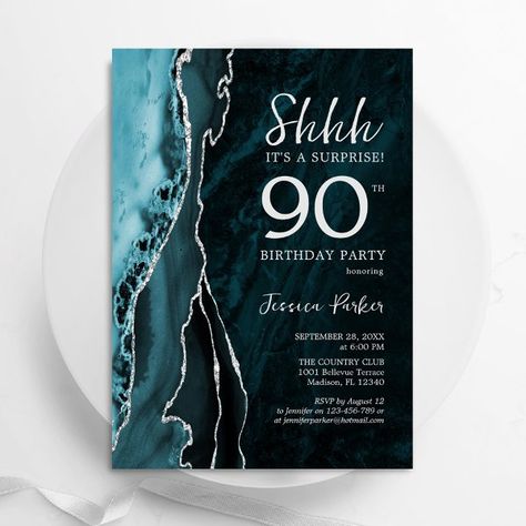 Teal Silver Agate Surprise 90th Birthday Invitation 65th Birthday Invitations, 65 Birthday, Surprise 30th Birthday, Watercolor Marble, Birthday Watercolor, 90th Birthday Invitations, Womens Birthday, Surprise Birthday Invitations, 70th Birthday Invitations