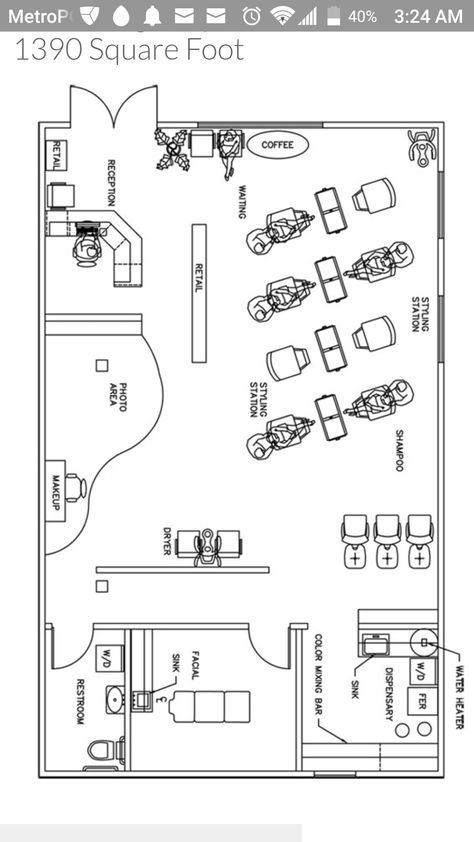 Salon Interior Layout Plan, Beauty Salon Layout Ideas Floor Plans, Beauty Salon Plan Design, Private Salon, Unisex Salon Interior Design Plan, Boutique Floor Plan, Hair Salon Blueprint Layout, Salon Layout Ideas Floor Plans, Beauty Salon Uniform Ideas