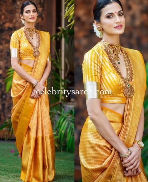 Shilpa Reddy Yellow Stripes Silk Saree Striped Blouse Designs, Saree Inspiration, Shilpa Reddy, Keep Me Stylish, Latest Bridal Blouse Designs, Saree Wearing Styles, Saree Wearing, Saree Draping Styles, Indian Saree Blouses Designs