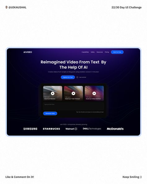 "Transform Words into Motion 📝➡️🎥 Today's #DailyUIChallenge: Crafting the Hero Section for a Text-to-Video AI Generator Website. #UI #UX #cryptoart #AI #LandingPage #DailyUI #uidesign #ui #uxdesign #ux #webdesign #uiux #design #userinterface #appdesign #graphicdesign #uidesigner #dribbble #website #websitedesign #uxdesigner #uitrends #designinspiration #uiuxdesign #dailyui #behance #uxui #designer #uiinspiration #aivideoart Video Section Web Design, Hero Section, Uiux Design, Daily Ui, Ui Inspiration, Ui Ux Design, Ux Design, User Interface, Ui Design