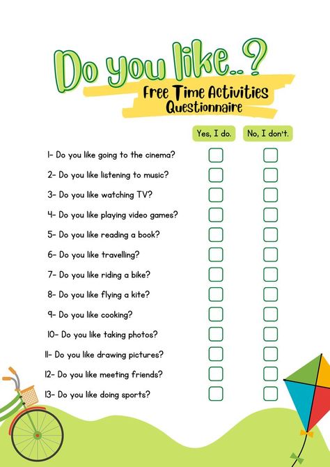 Free Time Activities Worksheets, Things I Like, Games For Learning English, Leisure Time Activities, Questionnaire Design, Esl Ideas, Simple Graphic Design, Questions For Kids, Free Time Activities