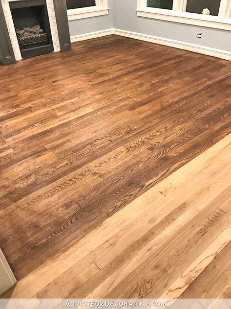 Minwax Special Walnut Stain On Red Oak, Special Walnut Stain On Red Oak, Provincial Stain On Red Oak, Unique Flooring Ideas, Staircase Redo, Hardwood Floor Stain Colors, Oak Floor Stains, Hardwood Floor Care, Staining Wood Floors