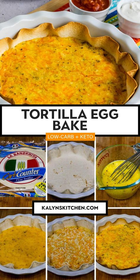 Pinterest image collage for Tortilla Egg Bake showing one photo of the prepared dish ready to serve and several smaller photos showing steps in the preparation process. Taco Egg Bake, Tortilla Quiche Bake, Tortilla Egg Bake, Tortilla Egg Breakfast, Muffin Pan Eggs, Egg Tortilla, Tortilla Bake, South Beach Diet Recipes, Breakfast Pie