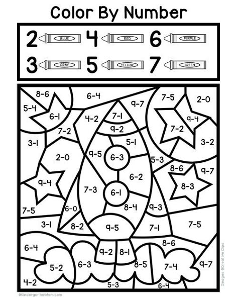 Free Kindergarten Color by Number Subtraction Worksheets to help your young student practice his/her subtraction facts. These six space-themed worksheets are printable and ready to go. Color By Number Subtraction 1st Grade, Color By Math Problem, Addition Coloring Worksheets First Grade, Colouring Math Worksheets, Math Color By Number Addition, Add And Color Worksheet, Color By Number Math Worksheets, Math Coloring Worksheets Kindergarten, Color By Sum Free Printable