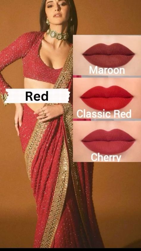 Lipstick With Red Dress, Red Lehenga Color Combos, Red Saree Makeup Look, Iphone Poses, Gold Dress Makeup, Makeup Theory, Lipstick Combos, Indian Bridal Wear Red, Lipstick Guide