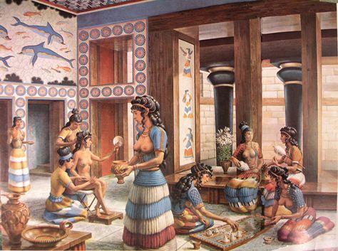 Palace scene Minoan Culture, Minoan Palace, Ancient Crete, Ancient Minoan, Knossos Palace, Minoan Civilization, Bronze Age Civilization, Minoan Art, Scene Painting