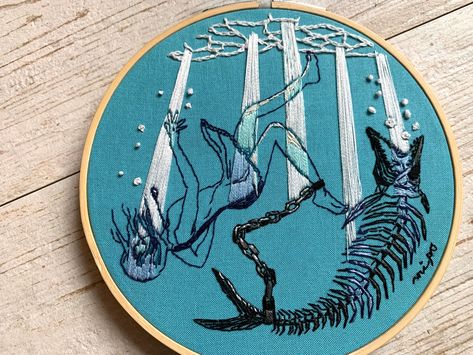 Pisces Two Fish, Zodiac Embroidery, Dark Embroidery, Cool Embroidery, Pisces Constellation, Embroidery Motif, Fish Bones, Bone Art, Two Fish