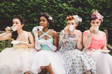 Victorian Theme Party, Tea Party Photoshoot, Rockabilly Bride, Tea Party Photography, Tea Party Attire, Retro Photoshoot, Rockabilly Wedding, Party Photoshoot, Bridal Shower Inspiration