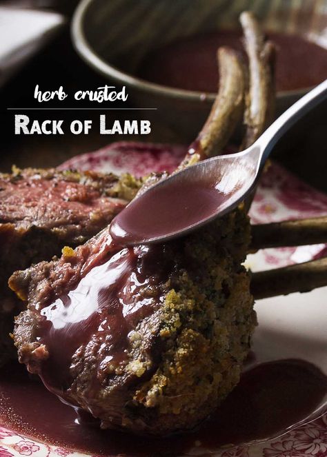 For the best herb crusted rack of lamb, marinate it overnight, cover in breadcrumbs, oven roast, and pair it with with a silky red wine sauce. This elegant recipe is perfect for the holidays or for a dinner party any time of the year. | justalittlebitofbacon.com Herb Crusted Rack Of Lamb, Lamb Sauce, Crusted Rack Of Lamb, Red Wine Reduction, Fresh Bread Crumbs, Red Wine Sauce, Rack Of Lamb, Lamb Roast, Wine Sauce