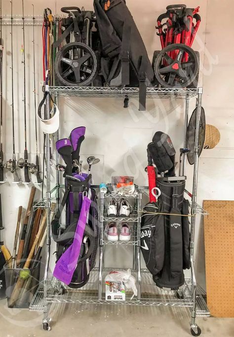 Golf Bag Storage Ideas, Garage Golf Storage Ideas, Golf Organization Garage, Golf Bag Storage Diy, Golf Storage Ideas, Golf Equipment Storage, Golf Bag Storage, Golf Cart Storage, Tote Organizer