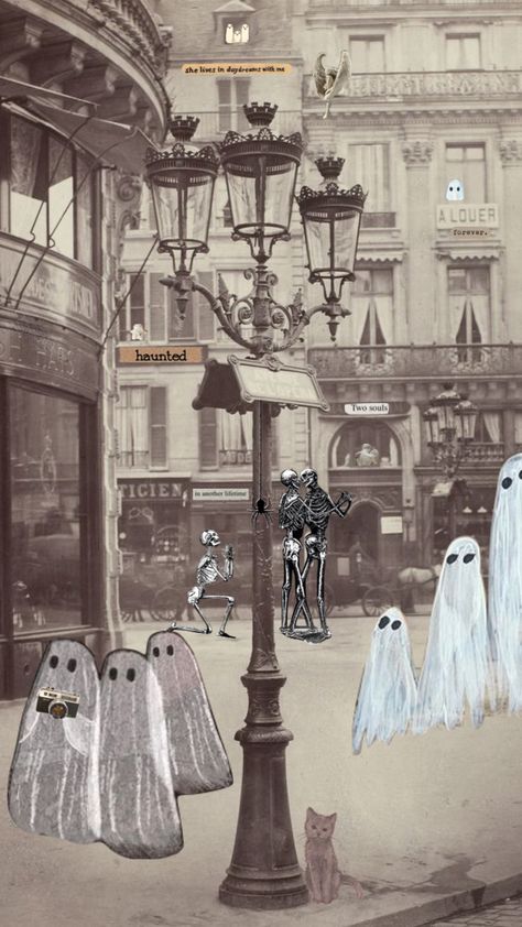 Halloween Town Illustration, Halloween Town Painting, Ghost Town Drawing, Ghost Town Aesthetic, Vintage Aesthetic Collage, Sheet Ghosts, Love Moodboard, Town Drawing, Ghost Painting