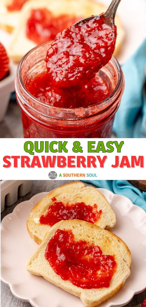 Quick Strawberry Jam Crockpot Strawberry Jam, Strawberry Jam Recipe Canning, Refrigerator Strawberry Jam, Strawberry Canning, Strawberry Jelly Recipes, Strawberry Jam Recipe Without Pectin, Strawberry Jams, Easy Meringues, Fruit Jam Recipes