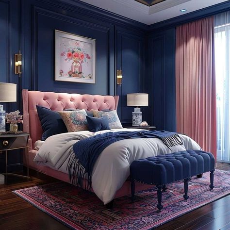 Pink And Navy Bedroom, Teal Blue Bedroom, Bedroom Interior Colour, Navy Blue House, Guys Bedroom, Blue And Pink Bedroom, Navy Bedrooms, Navy Bedroom, Color Combinations Home