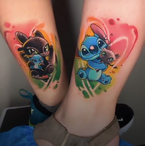 Stitch And Angel Tattoo, Child Tattoo, Disney Stitch Tattoo, Partner Tattoos, Pikachu Tattoo, Couples Tattoo, Matching Friend Tattoos, Animal Sleeve Tattoo, Disney Sleeve