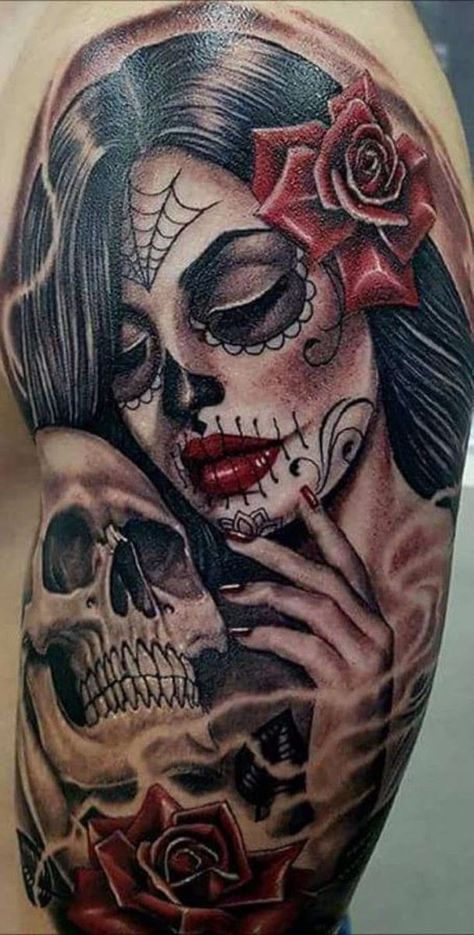 Female Sugar Skull Tattoo, Dia De Los Muertos Tattoo Ideas Woman, Candy Skull Tattoo For Women, Winnie Tattoo, Sugar Skull Tattoos For Women, Girly Skull Tattoos, Skull Thigh Tattoos, Sugar Skull Girl Tattoo, Candy Skull Tattoo