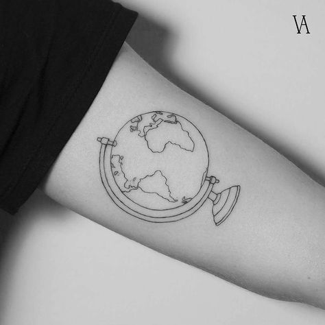 Outline earth globe tattoo inked on the left arm Globe Tattoo, Globe Drawing, Globe Tattoos, Small Tattoo Placement, Earth Tattoo, Petit Tattoo, Small Tattoos With Meaning, Cool Arm Tattoos, Tattoo Script