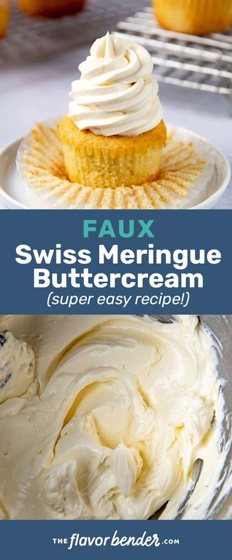 This faux swiss meringue buttercream is quick and easy! You can make it with carton egg whites, or even with raw egg whites that won't whip into a meringue. A buttery, light, and delicious vanilla frosting. #TheFlavorBender #SwissMeringueButtercream #VanillaFrosting #VanillaButtercream Keto Swiss Meringue Buttercream, Swiss Meringue Buttercream Using Meringue Powder, Easy Swiss Buttercream Frosting, White Chocolate Swiss Buttercream, Egg White Buttercream Frosting, No Cook Swiss Meringue Buttercream, Easy Swiss Meringue Buttercream Recipe, Egg White Frosting Recipe, Egg White Frosting Easy