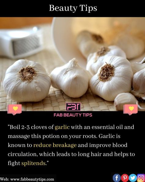 Garlic is packed with selenium which prevents breakage, hair fall and promotes hair growth. #garlic #garlicbenefits #hairgrowth #hairgrowthtips Benefits Of Garlic, Breakage Hair, Garlic Benefits, Hair Growth Tips, Improve Blood Circulation, Hair Fall, Promotes Hair Growth, Split Ends, Hair Care Routine