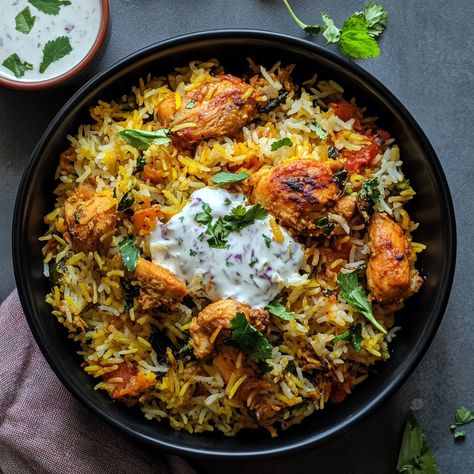 Chicken Biryani is a fragrant and flavorful rice dish, slow-cooked with tender marinated chicken, aromatic spices, and saffron-infused basmati rice. Paired with cooling raita, this dish is a feast for the senses.  #BiryaniLove #ChickenBiryani #RaitaTime #IndianFlavors #ComfortFood #RiceLovers #SpiceJourney #YogurtDelights #FluffyBiryani #FragrantSpices #IndianCuisine #BiryaniVibes #FoodieFavorites #EasyBiryani #CurryAndRice Chikan Biryani, Biryani Pictures, Chicken Biryani Snap, Chicken Biryani Aesthetic, Spicy Chicken Biryani, Chicken Briyani Image, Chicken Biryani Pakistani, Easy Biryani, Best Chicken Briyani Receipes