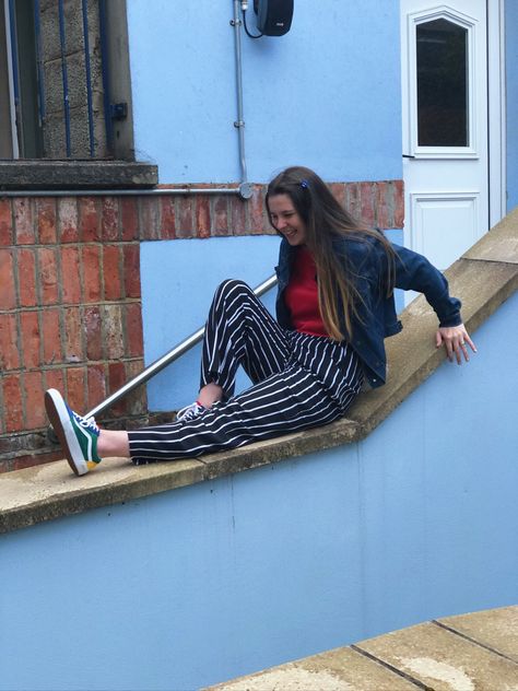 stripey / striped trouser outfit, primary colour vans , yacht club vans , denim jacket outfit Striped Trousers Outfit, Vans Outfit, Denim Jacket Outfit, Trouser Outfit, Jacket Outfit, Yacht Club, Jacket Outfits, Primary Colors, Denim Jacket