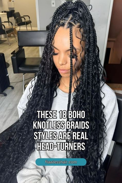 Half-Up Ponytail Knotless Boho Braids Boho Braids Box Braids, Braided Hairstyles For Black Women Boho, Braid Extention Hairstyles, 72 Inch Knotless Braids, Boho Knotless Braids Hairstyles Ideas, Large Knotless Goddess Box Braids, Boho Braids Styles Ideas, Boho Braid Hairstyles For Black Women, Knotless Braids Updo Styles