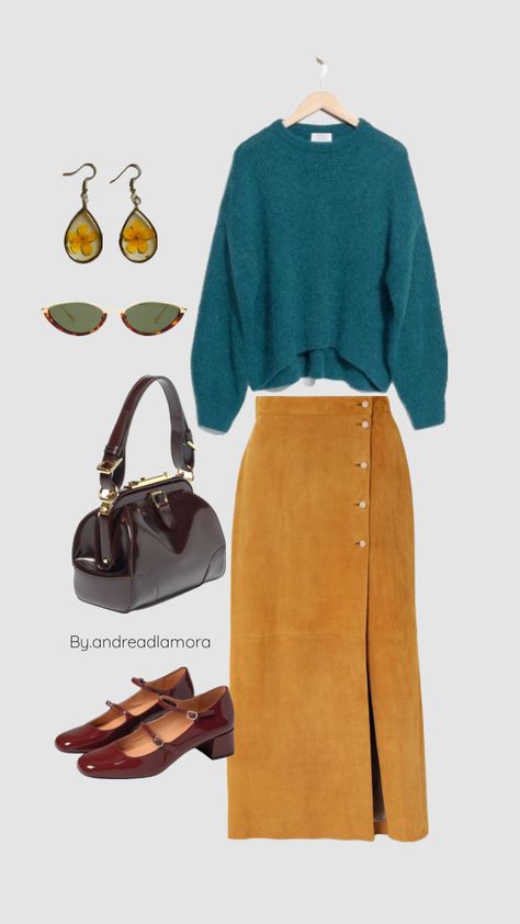 Outfit Inspiration, fashion board, autumn outfit, yellow midi skirt, turquoise sweater, mary Jane shoes, Sunglasses Turquoise Sweater Outfit, Yellow Midi Skirt, Outfit Yellow, Turquoise Sweater, Copenhagen Style, Inspiration Fashion, Fashion Board, Jane Shoes, Autumn Outfit