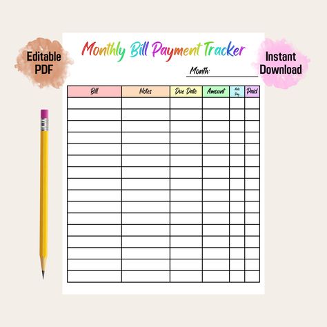 Monthly bill payment tracker (rainbow color) is printable PDF and instant digital download. It is perfect for help you stay organized and on top of all your expenses. It allows you to keep all your bills in one place, set reminders and track payments. Bill Payment Tracker, Monthly Bill Tracker, Payment Tracker, Bill Planner, Monthly Bill, Bill Tracker, Budget Planer, Paying Bills, Rainbow Color