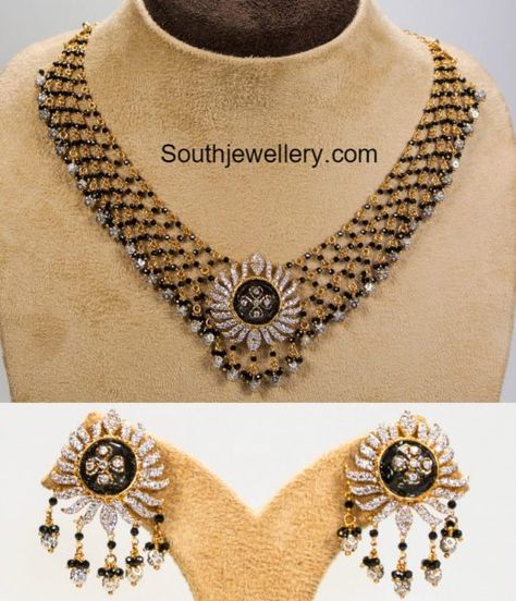 Black Beads Necklace and Earrings Set Black Diamonds Mangalsutra, Black Beads Necklace, Black Beads Chain, Black Beats, Cooking Sweets, 22 Carat Gold Jewellery, Jewellery South Indian, Latest Indian Jewellery, Temple Jewelry Necklace