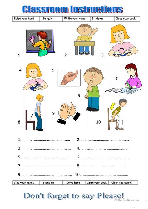 Classroom instructions - English ESL Worksheets Classroom Instructions, Classroom Commands, Ingles Kids, Simple Classroom, Esl Resources, English Worksheets For Kids, 1st Grade Worksheets, English Language Teaching, Classroom Language