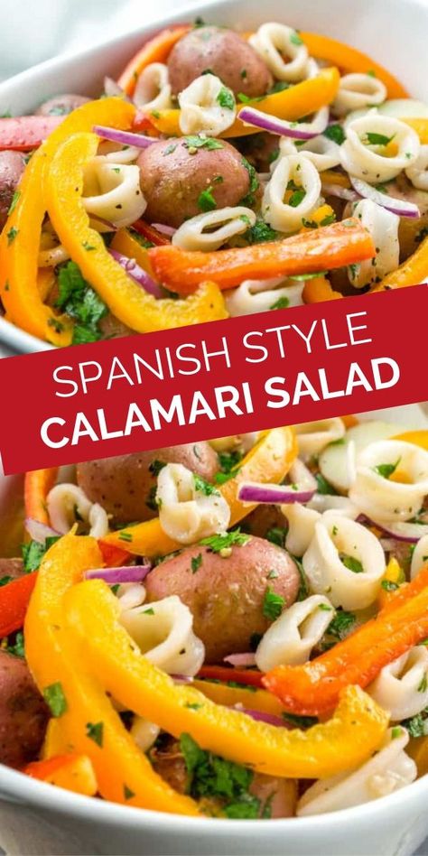 This Spanish-style Calamari Potato Salad is made with lots of fresh veggies and is inspired by travels to Spain. the calamari is pan-seared and not deep fried so it is light and tasty. You'll love the light dressing and all the different textures and flavors. If you're looking for calamari recipes (squid recipes), spanish recipes, or a fun new salad recipe, give this salad a try! Squid Salad Recipe, Salad With Potatoes, Cooking Calamari, Seafood Salad Recipe, Calamari Salad, Squid Salad, Seafood Ideas, Grilled Calamari, Potatoes Crispy