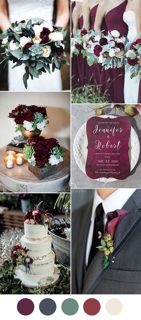 Classic Burgundy,Dark Grey and Dusty Miller Wedding Colors Dusty Miller Wedding, Burgundy Wedding Colors, Grey Wedding Invitations, Purple Color Schemes, Marsala Wedding, Wedding Colors Blue, Dusty Miller, Fall Wedding Colors, Wine Wedding