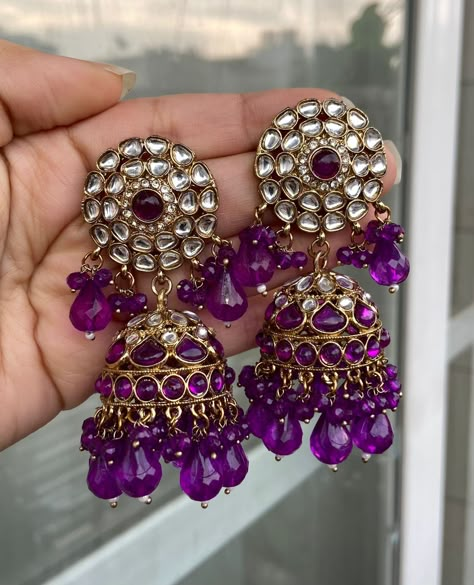 Purple Jhumka, Dark Purple Earrings, Jhumka Collection, Purple Sari, Rajput Jewellery, Indigo Jewelry, Desi Jewellery, Heavy Jewellery, Bridal Jewellery Earrings