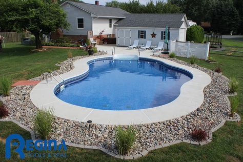 Pools Right Off Patio, Mountain Pond Inground Pool, Diy Inground Pool, Radiant Pool, Landscaping Around Pool, Inground Pool Designs, Inground Pool Landscaping, Dream Backyard Pool, Fiberglass Pool