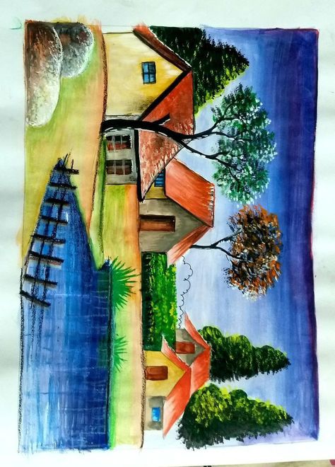 Easy Nature Drawings Colour, Drawing Ideas Nature Colour, Scenery Painting Oil Pastel, Oil Pastels Scenery, Natural Scenery Drawing, Nature Scenery Drawing, Simple Landscape Drawing, Beautiful Scenery Drawing, Easy Scenery