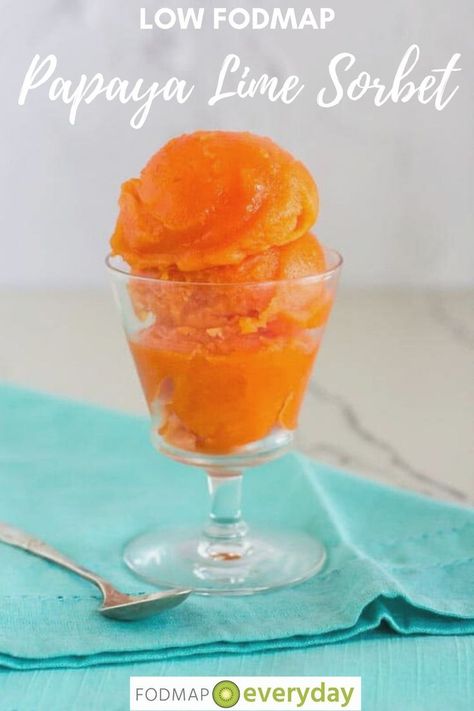 Our Low FODMAP Papaya Lime Sorbet features NO FODMAP Papaya! It's rich & creamy, yet is dairy-free! You do need an ice cream maker, but it is easy to make. #dairyfree #glutenfree #vegetarian #vegan #lowfodmapsorbet #lowfodmapdiet #lowfodmaprecipes #lowfodmapfoods #ibsrelief #ibsdiet #ibsrecipes #ibspain #ibsliving #ibstips #ibsfodmap #ibsfood #fodmapeveryday Papaya Ice Cream, Papaya Dessert, Make Your Own Ice Cream, Papaya Sorbet, Papaya Recipes, Ripe Papaya, Vegan Ice Cream Recipe, Lime Sorbet, Ibs Recipes