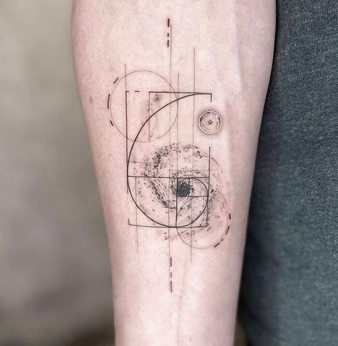 Fibonacci black hole arm tattoo Math Equation Tattoo, Fibonacci Spiral Tattoo Golden Ratio, Astrophysics Tattoo Ideas, Deep Space Tattoo, Space Tattoo Aesthetic, Black Hole Tattoo Minimalist, Maths Tattoo Ideas, Pleiadian Tattoo, Fibinocci Tattoo