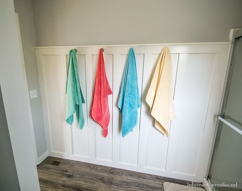 Bathroom Wall Hooks For Towels, Board Batten Bathroom, Bathroom Towel Hook Ideas, Bathroom Towel Wall, Bathroom Wainscoting Ideas, Batten Bathroom, Bathroom Wall Hooks, Practical Bathroom, Kids Bathroom Wall