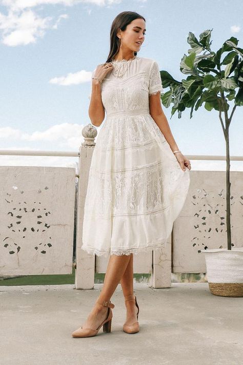 Divine Lace Midi Dress in Cream Dress For Mom, Shift Dress Pattern, Twist Front Dress, Snake Print Dress, Knot Dress, Floral Embroidered Dress, Printed Wrap Dresses, Lace Midi, Casual Clothes