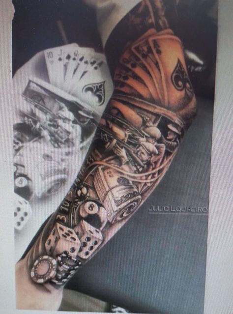 Tattoos Arm Mann, Tattoo Mafia, Arm Tattoos For Guys Forearm, Beautiful Tattoo Designs, Half Sleeve Tattoo Stencils, Leg Sleeve Tattoos, Casino Tattoo, Leg Tattoo Ideas, Tattoo Ideas Males