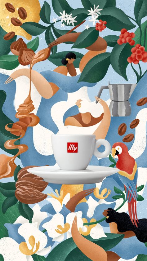 Maggie Stephenson Coffee Mural, Maggie Stephenson, Starbucks Art, Coffee Poster Design, Illy Coffee, Coffee Advertising, Cafe Artwork, International Coffee, Inspiration Moodboard