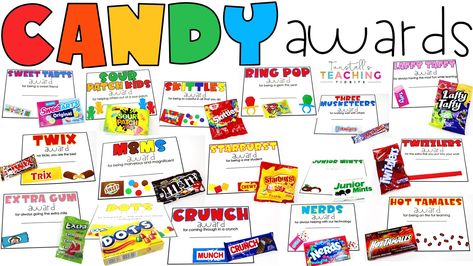 Editable candy awards make the sweetest end of year awards for your celebration. Perfect for school, staff, church, or family! Candy Awards For Students, Awards For Students, Candy Awards, Candy Bar Awards, Extra Gum, Bubble Yum, Junior Mints, Kids Awards, Heath Bars