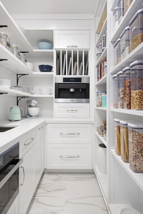 Butlers Pantry U Shape, Skullery Kitchen Pantries, Butlers Pantry With Double Oven, L Shaped Walk In Pantry, L Shape Butlers Pantry, Walk In Pantry With Microwave, Luxury Butlers Pantry, Pantry With Beverage Fridge, Walk In Pantry With Sink