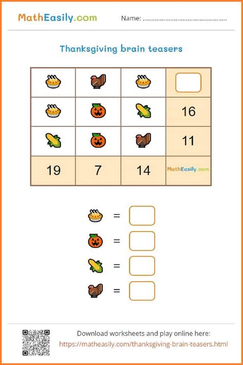 Math Thanksgiving Brain Teasers PRINTABLE + Online Brain Teasers Printable, Math Brain Teasers, Brain Teasers With Answers, Math Puzzles, Thanksgiving Math, Kids Math, Maths Puzzles, Grade 3, Play Online