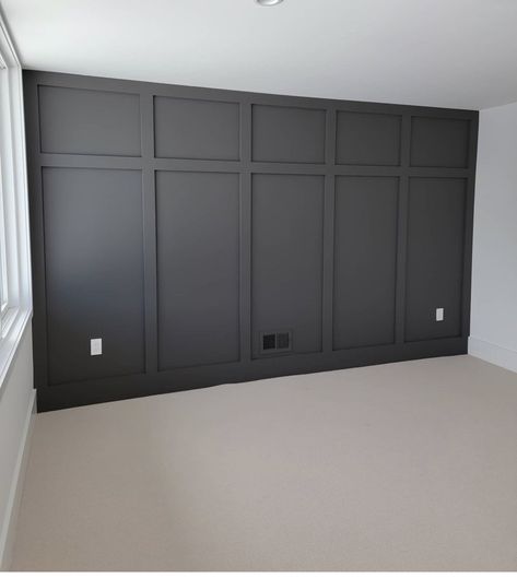 Board And Batten On A Wall With Windows, Wood Trim Accent Wall Office, Waynes Coating Accent Wall Bedroom, Classic Bedroom Accent Wall, Dark Batten Board Walls, Master Bedrooms Decor Wainscot, Accent Wall Office Wallpaper, Trim Feature Wall Bedroom, Borden Batten Accent Wall